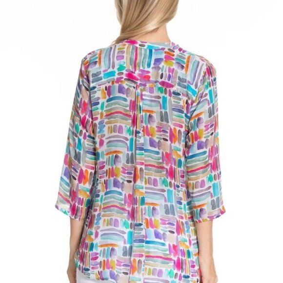 AP NY V Neck Hi-Lo Top Blouse Shirt Women Size M Colorful Cupro blend - Picture 2 of 15